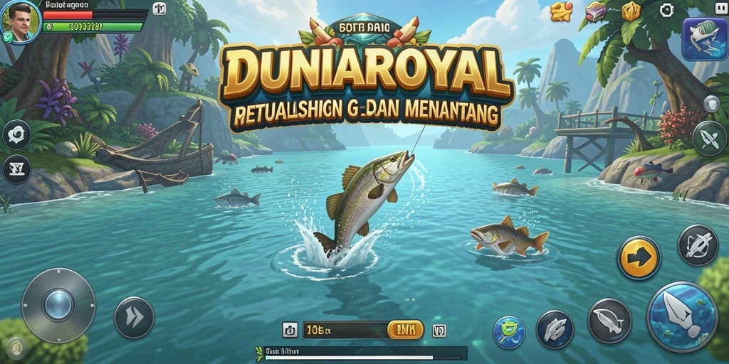 Screenshot tampilan gameplay memancing di DUNIAROYAL dengan ikan yang beragam.