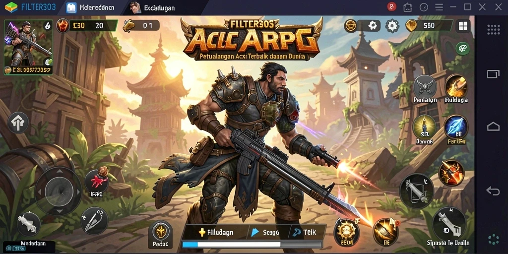 Screenshot gameplay FILTER303 yang menunjukkan aksi pertarungan seru dalam ARPG.