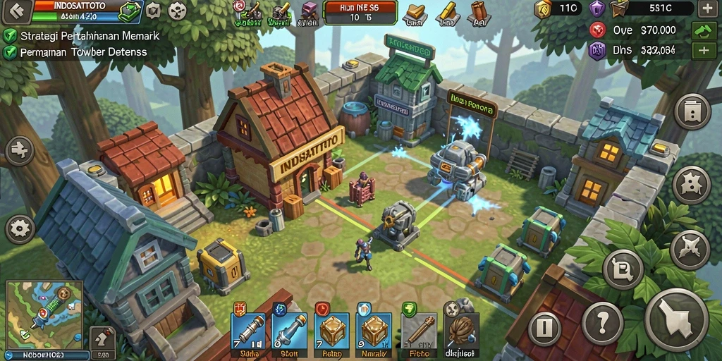 Screenshot gameplay INDOSATTOTO menampilkan menara dan musuh yang bertempur.