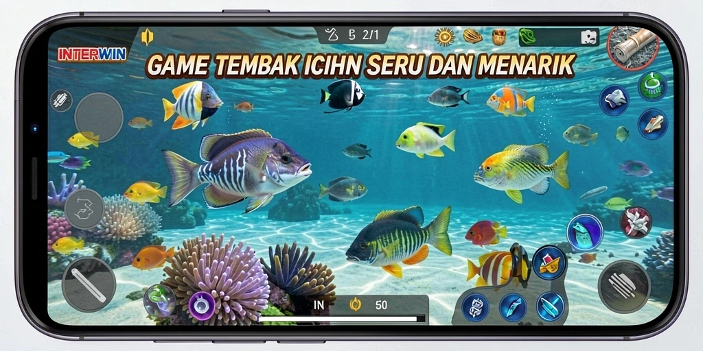 Tampilan gameplay <strong>INTERWIN</strong> yang menegangkan dalam menembak ikan.