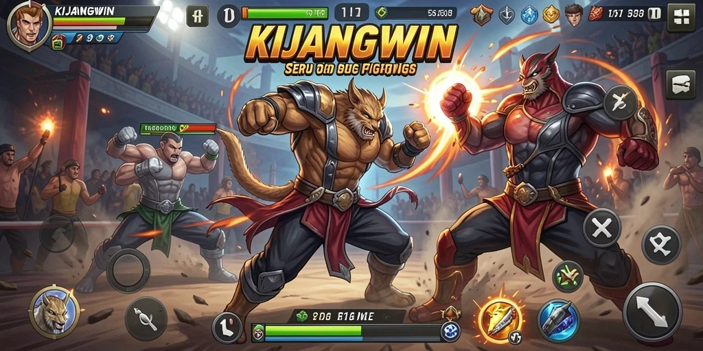 Screenshot gameplay KIJANGWIN menampilkan pertarungan antar karakter yang seru.
