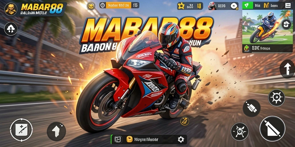 Screenshot utama MABAR88 menampilkan aksi balapan motor yang mendebarkan.