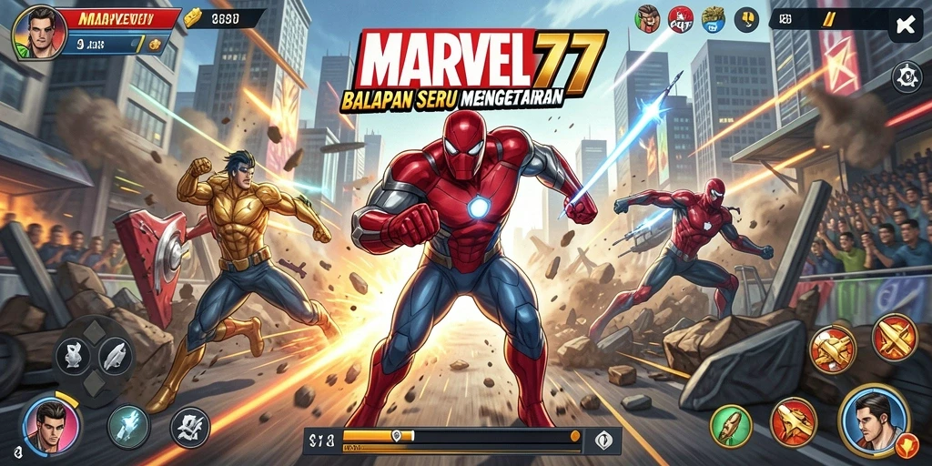 Gameplay mendebarkan dalam balapan seru di MARVEL77.