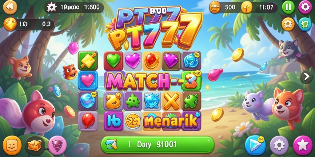 Tampilan gameplay PT777 dengan grafis cerah dan tantangan Match-3.