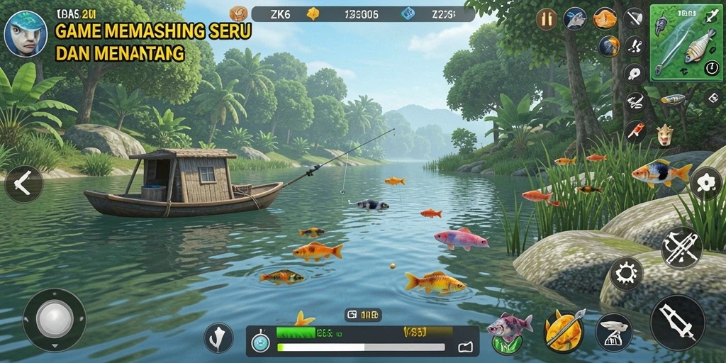Screenshot gameplay memancing yang menampilkan pemandangan indah.